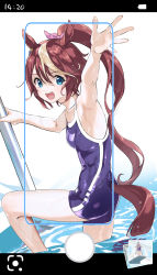 Rule 34 | 1girl, animal ears, bare arms, blue eyes, breasts, brown hair, highres, horse ears, horse girl, horse tail, long hair, looking at viewer, misu kasumi, multicolored hair, one-piece swimsuit, open mouth, outstretched arm, fake phone screenshot, ponytail, pool, pool ladder, reaching, reaching towards viewer, school swimsuit, small breasts, smile, solo, streaked hair, swimsuit, tail, teeth, tokai teio (umamusume), tongue, umamusume, upper teeth only, water, wet