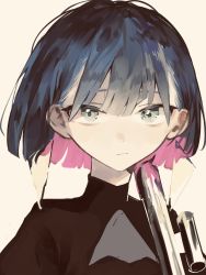 Rule 34 | 1girl, aqua eyes, bad id, bad pixiv id, beige background, black shirt, blue hair, bob cut, closed mouth, commentary request, gun, hair between eyes, highres, looking at viewer, mo011010, multicolored hair, nira-chan, pink hair, portrait, scope, shirt, short hair, simple background, solo, turtleneck, weapon, zutto mayonaka de ii no ni