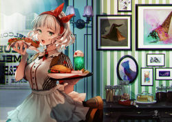 Rule 34 | 1girl, apron, blonde hair, burger, chromatic aberration, drawing (object), food, french fries, frilled apron, frills, green eyes, highres, hot dog, jar, ketchup bottle, looking at viewer, mini flag, okeno kamoku, open mouth, original, red ribbon, ribbon, shadow, short hair, short sleeves, solo, tray, white apron, window