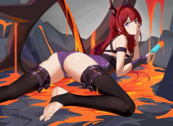 Rule 34 | 1girl, arknights, arm strap, ass, bare shoulders, black thighhighs, breasts, cameltoe, feet, finger to mouth, food, from behind, highres, holding, holding food, horns, konghao, legs, leotard, long hair, looking at viewer, looking back, lying, medium breasts, lava, no shoes, on stomach, popsicle, purple eyes, purple leotard, red hair, soles, solo, spread legs, stirrup legwear, surtr (arknights), thighhighs, toeless legwear, toes, very long hair