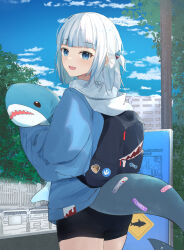 Rule 34 | 1girl, backpack, bag, bandaid, blue hair, day, fins, fish tail, gawr gura, highres, hololive, hololive english, hood, hoodie, long sleeves, looking at viewer, looking back, multicolored hair, open mouth, outdoors, shark tail, sharp teeth, short shorts, short twintails, shorts, shuuzo3, sky, smile, solo, standing, stuffed animal, stuffed toy, tail, teeth, twintails, virtual youtuber, white hair