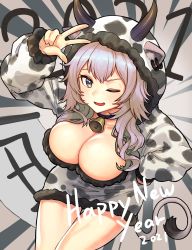 Rule 34 | 2021, absurdres, animal ear fluff, animal ears, animal print, arm up, bell, black horns, blue choker, breasts, chinese zodiac, choker, cleavage, collar, cow horns, cow print, cow tail, earrings, ears through headwear, emphasis lines, english text, eyelashes, eyeshadow, fang, food211, fur-trimmed sleeves, fur trim, grey hair, hand on own hip, happy new year, highres, hololive, hood, hood up, horns, jewelry, long eyelashes, long hair, makeup, multicolored eyes, neck bell, new year, one eye closed, open mouth, pink eyeshadow, purple eyes, scroll, shishiro botan, skin fang, tail, virtual youtuber, w, year of the ox, yellow eyes