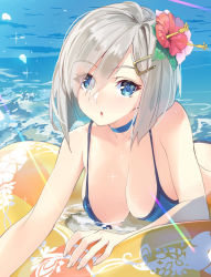 Rule 34 | 10s, 1girl, :o, bare arms, bare shoulders, bikini, blue bikini, blue eyes, blush, breasts, choker, cleavage, collarbone, day, eyebrows, flower, hair flower, hair ornament, hair over one eye, hairclip, hamakaze (kancolle), hanging breasts, head tilt, hibiscus, innertube, kantai collection, large breasts, light rays, ocean, parted lips, short hair, silver hair, solo, swim ring, swimsuit, water, yahako