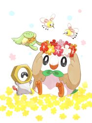 Rule 34 | absurdres, bird, black eyes, bright pupils, closed mouth, comfey, commentary request, creatures (company), cutiefly, game freak, gen 7 pokemon, head wreath, highres, meltan, mythical pokemon, nintendo, no humans, owl, pokemon, pokemon (creature), rowlet, saki pokeoekaki, sitting, talons, white background, white pupils