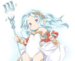 Rule 34 | 10s, 1girl, bad id, bad twitter id, blue eyes, blue hair, flat chest, granblue fantasy, ham (points), inactive account, leotard, long hair, matching hair/eyes, neptune (granblue fantasy), original, pointy ears, polearm, showgirl skirt, solo, trident, waist cape, weapon, aged down