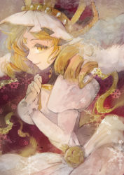 Rule 34 | 1girl, ari awayuki, beige background, blonde hair, breasts, bubble skirt, cape, clenched hand, closed mouth, crown, drill hair, eyelashes, facing away, frilled sleeves, frills, from side, fur-trimmed cape, fur trim, hand up, high collar, highres, holy mami, juliet sleeves, large breasts, light smile, long sleeves, looking afar, magia record: mahou shoujo madoka magica gaiden, mahou shoujo madoka magica, parted bangs, profile, puffy sleeves, red cape, sepia, sideboob, simple background, skirt, snowflake print, snowflakes, solo, tareme, tomoe mami, twin drills, upper body, white skirt, yellow eyes