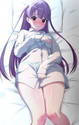 Rule 34 | 1girl, 3:, absurdres, bed, blush, borrowed clothes, bra visible through clothes, closed mouth, collared shirt, commentary request, dress shirt, feet out of frame, highres, kaede tomomi, long hair, long sleeves, looking at viewer, lying, on back, on bed, panties, purple hair, raramagi, red eyes, see-through, shirt, solo, thighs, underwear, very long hair, white shirt, zanpon