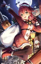 Rule 34 | 1girl, absurdres, bell, black thighhighs, gift, green eyes, hair ornament, hat, highres, hololive, moon, one side up, open mouth, pink hair, red footwear, ribbon, sakura miko, santa hat, shiotsuke sasami, snow, thighhighs, virtual youtuber
