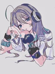 Rule 34 | 1girl, ahoge, bandaid, bandaid on arm, bandaid on cheek, bandaid on face, bandaid on hand, blue eyes, blue nails, blush, chromatic aberration, grey background, hair between eyes, headphones, highres, long hair, looking at viewer, mole, mole under eye, nail polish, nou4 777, original, own hands together, parted lips, sailor collar, shorts, simple background, solo, upper body, watch, wristwatch