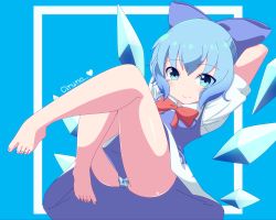 Rule 34 | 1girl, absurdres, arms behind head, bad id, bad pixiv id, bare legs, barefoot, blue background, blue dress, blue eyes, blue hair, bow, bowtie, character name, cirno, closed mouth, commentary request, crossed legs, dress, eyes visible through hair, feet, hair bow, highres, ice, ice wings, leg lift, looking at viewer, lying, nail polish, on back, panties, pantyshot, puffy short sleeves, puffy sleeves, red bow, red bowtie, romaji text, shikabane homura, short hair, short sleeves, simple background, smile, solo, striped clothes, striped panties, toenail polish, toenails, toes, touhou, underwear, wings