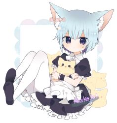 1boy animal_ear_fluff animal_ears black_footwear blob_(google) blobcat blue_hair blush cat cat_boy cat_ears closed_mouth commentary_request crossdressing full_body highres looking_at_viewer maid misskey.io murakami-san_(misskey.io) ovoip pantyhose purple_eyes short_hair solo trap white_pantyhose