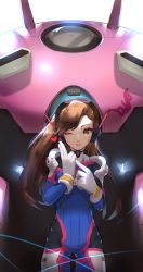 Rule 34 | 1girl, ;), absurdres, bad id, bad twitter id, bodysuit, brown eyes, brown hair, character name, collar, cowboy shot, d.va (overwatch), facial mark, gloves, gluteal fold, headphones, heart, highres, lips, long hair, mecha, meka (overwatch), one eye closed, overwatch, overwatch 1, parted lips, pilot suit, robot, smile, solo, ss0l (skghek), swept bangs, whisker markings, white gloves