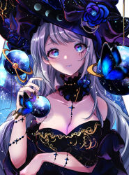Rule 34 | 1girl, bad id, bad pixiv id, bare arms, bare shoulders, black dress, blue butterfly, blue eyes, blue flower, blue hat, blue nails, bug, butterfly, chigiri kurenai, collarbone, commentary request, cross, dress, flower, gold dress, grey hair, hat, hat flower, highres, insect, large hat, long hair, looking at viewer, multicolored clothes, multicolored dress, nail polish, original, purple butterfly, purple ribbon, ribbon, sky, smile, solo, star (sky), starry sky, witch