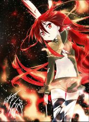Rule 34 | 1girl, alastor (shakugan no shana), bad id, bad pixiv id, fire, highres, jewelry, long hair, necklace, pendant, red eyes, red hair, school uniform, sengoku chidori, serafuku, shakugan no shana, shana, sword, thighhighs, torn clothes, weapon