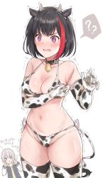 Rule 34 | 2girls, ?, ??, @ @, animal ears, animal print, aoba moca, bang dream!, bell, bikini, black hair, blue eyes, blush, breasts, cleavage, collar, cow ears, cow horns, cow print, cow print bikini, cow tail, cowboy shot, double v, elbow gloves, embarrassed, fake animal ears, fake horns, gloves, grey hair, hand on own chest, highleg, highleg bikini, horns, jacket, jitome, medium breasts, micro bikini, mitake ran, multicolored hair, multiple girls, navel, neck bell, open mouth, print bikini, purple eyes, short hair, side-tie bikini bottom, solo focus, spoken question mark, stomach, streaked hair, suisen toire (moko924), sweat, swimsuit, tail, thighhighs, thong bikini, translation request, trembling, v, wavy mouth, white background