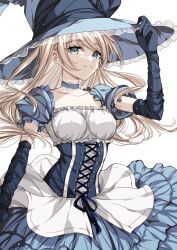 Rule 34 | 1girl, blonde hair, blue dress, blue eyes, blue gloves, choker, closed mouth, collarbone, corset, dress, elbow gloves, frilled choker, frilled dress, frilled hat, frills, gloves, hand on headwear, hat, highres, long hair, looking at viewer, magical girl, misteor, multicolored clothes, multicolored dress, original, puffy sleeves, simple background, smile, solo, swept bangs, white background, white dress, witch hat