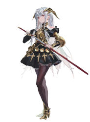Rule 34 | 1girl, absurdres, armor, armored dress, black dress, boots, braid, brown pantyhose, closed mouth, contrapposto, dress, full body, grey hair, high heels, highres, holding, holding sword, holding weapon, horns, jaeyeong, juliet sleeves, long hair, long sleeves, looking at viewer, original, pantyhose, puffy sleeves, red eyes, sheath, simple background, solo, standing, sword, unsheathing, very long hair, weapon, white background