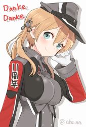 Rule 34 | 1girl, ahenn, anchor hair ornament, aqua eyes, blonde hair, blush, breasts, german text, gloves, hair ornament, hat, kantai collection, long hair, looking at viewer, medium breasts, military, military uniform, peaked cap, prinz eugen (kancolle), simple background, smile, solo, twintails, twitter username, uniform, upper body, white background, white gloves