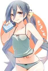Rule 34 | 10s, 1girl, ahoge, bad id, bad twitter id, bare shoulders, camisole, grey hair, juice box, kantai collection, kiyoshimo (kancolle), long hair, looking at viewer, meth (emethmeth), navel, panties, pinky out, polka dot, polka dot panties, simple background, smile, solo, tank top, twintails, underwear, underwear only, very long hair