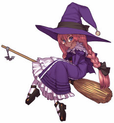 Rule 34 | 1girl, alfa system, bat (animal), blue eyes, broom, broom riding, dress, frills, full body, fumiko odette vanstein, glasses, hair ribbon, hat, head rest, charm (object), long hair, pantyhose, pink hair, red hair, ribbon, sakamoto mineji, shikigami no shiro, shoes, sidesaddle, simple background, sitting, solo, very long hair, white background, white pantyhose, witch, witch hat
