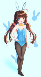 Rule 34 | 1girl, absurdres, ahoge, animal ears, bad id, bad pixiv id, black pantyhose, blue background, blue eyes, blue leotard, bow, bowtie, brown hair, detached collar, fake animal ears, full body, hand on own hip, highres, hinatsuru ai, leotard, long hair, looking at viewer, low twintails, pantyhose, playboy bunny, rabbit ears, rabbit girl, ryuuou no oshigoto!, smile, solo, standing, strapless, strapless leotard, twintails, wrist cuffs, yellow bow, yellow bowtie, zeroillya