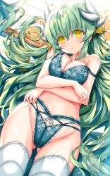 Rule 34 | 1girl, bra, breasts, dragon girl, dragon horns, fate/grand order, fate (series), garter belt, garter straps, green bra, green hair, green panties, highres, horns, kiyohime (fate), large breasts, lingerie, morizono shiki, multiple horns, panties, ponytail, solo, thighhighs, underwear, underwear only, white thighhighs, yellow eyes