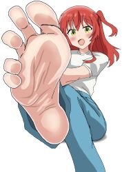 1girl barefoot blush bocchi_the_rock! feet green_eyes highres kita_ikuyo long_hair looking_at_viewer open_mouth red_hair riokasen soles toes