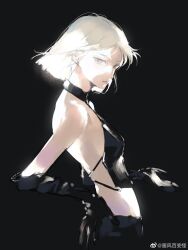 Rule 34 | 1girl, black background, black skirt, blonde hair, closed mouth, clothing cutout, expressionless, fengguai, glowing, grey eyes, highres, looking at viewer, original, short hair, skirt, solo, white hair