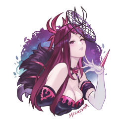 Rule 34 | 1girl, artist name, black dress, breasts, cleavage, criss-cross halter, dress, elbow gloves, fascinator, feathers, female focus, fire emblem, fire emblem engage, flower, flower brooch, gloves, halterneck, ivy (fire emblem), large breasts, lips, long hair, looking at viewer, matching hair/eyes, meziosaur, nintendo, parted lips, pink lips, purple eyes, purple hair, rose, solo, teeth, upper body, watermark, white background, white gloves