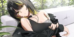 Rule 34 | 1girl, asymmetrical clothes, black hair, black jacket, blonde hair, breasts, collarbone, couch, fingernails, highres, idolmaster, idolmaster shiny colors, ikaruga luca, jacket, looking at viewer, multicolored hair, nail polish, noeru, on couch, sitting, small breasts, solo, streaked hair, yellow eyes