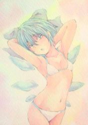 Rule 34 | 1girl, alternate costume, armpits, arms behind head, bikini, blue hair, bow, breasts, cirno, cowboy shot, hair bow, highres, ice, ice wings, looking at viewer, navel, painting (medium), pink background, short hair, small breasts, solo, stretching, swimsuit, touhou, traditional media, watercolor (medium), white bikini, wings, yuyu (00365676)
