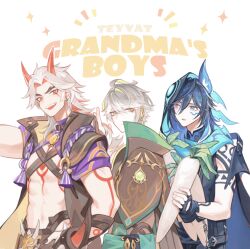 3boys :d :o abs ahoge alhaitham_(genshin_impact) animal_ear_fluff animal_ears arataki_itto arm_tattoo black_choker black_coat black_gloves black_hair black_jacket black_nails black_shirt blue_eyes blue_hair blue_scarf bodypaint bracelet cape choker closed_mouth coat colored_inner_hair commentary crop_top daikon earrings english_commentary english_text expressionless facepaint facial_mark fang fingerless_gloves fingernails food genshin_impact gloves green_cape green_eyes green_hair grey_hair hair_between_eyes hand_on_own_hip hand_up headphones heterochromia holding holding_food hood hood_up hooded_jacket horns jacket jewelry lalamilali long_hair looking_at_viewer looking_to_the_side male_focus medium_hair multicolored_hair multiple_boys notice_lines o-ring o-ring_choker oni open_clothes open_coat open_mouth ororon_(genshin_impact) parted_bangs purple_eyes purple_shirt radish red_eyes red_hair red_horns rope scarf shirt short_hair short_sleeves shoulder_tattoo simple_background sleeveless sleeveless_coat sleeveless_shirt smile spiked_bracelet spikes streaked_hair studded_choker swept_bangs tassel tattoo teeth thick_eyebrows upper_teeth_only v-shaped_eyebrows vision_(genshin_impact) white_background white_hair