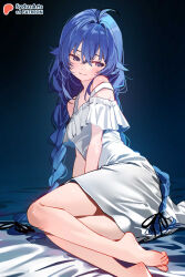 1girl artist_name barefoot bed blue_background blue_eyes blue_hair braid commentary crossed_bangs dress english_commentary feet highres long_hair looking_at_viewer looking_to_the_side lying mushoku_tensei off-shoulder_dress off_shoulder on_bed on_side paid_reward_available patreon_logo patreon_username roxy_migurdia solo sydus thighs toes twin_braids very_long_hair white_dress