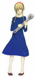 Rule 34 | 00s, 1girl, baccano!, blonde hair, blue dress, braid, brown footwear, dress, flats, full body, genderswap, genderswap (mtf), glint, graham specter, hair over one eye, hair tie, hairband, legs apart, long hair, long sleeves, oversized object, pigeon-toed, shoes, simple background, solo, standing, twin braids, twintails, white background, wrench, yellow eyes