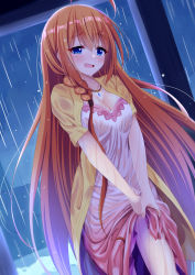 Rule 34 | 1girl, ahoge, asymmetrical hair, awkward, blue eyes, blush, braid, breasts, breasts squeezed together, casual, cleavage, clothes lift, coat, collarbone, cowboy shot, dress, dutch angle, hair between eyes, highres, jewelry, large breasts, long hair, looking at viewer, necklace, night, open mouth, orange hair, pecorine (princess connect!), pecorine (real) (princess connect!), princess connect!, rain, see-through, sexually suggestive, sidelocks, skirt, skirt lift, solo, syurimp, tareme, v arms, very long hair, water drop, wringing clothes, wringing dress, yellow coat
