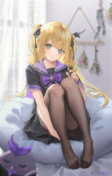 Rule 34 | 1girl, absurdres, alternate costume, black nails, black skirt, blonde hair, blurry, blurry foreground, brown pantyhose, commentary request, curtains, feet, fischl (genshin impact), genshin impact, green eyes, hair ribbon, highres, indoors, knees up, long hair, looking at viewer, nail polish, no eyepatch, on bed, oz (genshin impact), pantyhose, parted lips, playing with own hair, purple sailor collar, ribbon, sailor collar, school uniform, see-through, serafuku, short sleeves, sitting, skirt, solo, toes, twitter username, two side up, yukiri (l ii)