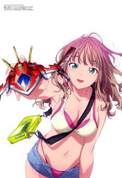 Rule 34 | 1girl, absurdres, alternate breast size, bag, bare shoulders, between breasts, bikini, breasts, brown hair, cellphone, cleavage, collarbone, copyright name, cover, denim, denim shorts, dyna wing, dynazenon (character), gradient hair, green eyes, gridman universe, heart, highleg, highleg bikini, highres, holding, layered bikini, looking at viewer, medium breasts, medium hair, megami magazine, minami yume, multicolored hair, navel, official art, open mouth, phone, pink bikini, pink hair, pink shorts, scan, short shorts, shorts, simple background, smartphone, smile, solo, ssss.dynazenon, strap between breasts, swimsuit, unbuttoned, wavy hair, white background