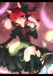 Rule 34 | 1girl, absurdres, animal ears, bad id, bad pixiv id, bow, braid, cat ears, cat girl, cat tail, dress, extra ears, female focus, hair bow, highres, kaenbyou rin, multiple tails, nekomitei, red eyes, red hair, solo, tail, touhou, twin braids