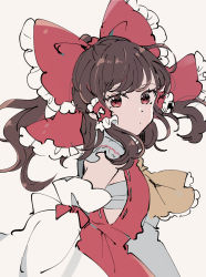Rule 34 | 1girl, ascot, bow, brown hair, closed mouth, collared shirt, commentary, detached sleeves, frilled ascot, frilled bow, frilled shirt collar, frills, hair bow, hair tubes, hakurei reimu, long hair, long sleeves, looking at viewer, looking back, mozukuzu (manukedori), red bow, red eyes, red shirt, red skirt, ribbon trim, sarashi, shirt, sidelocks, simple background, skirt, solo, touhou, white background, wide sleeves, yellow ascot