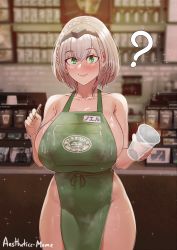 Rule 34 | 1girl, ?, aestheticc-meme, apron, bare shoulders, barista, blush, breasts, cleavage, counter, cup, disposable cup, green apron, green eyes, highres, holding, holding cup, hololive, iced latte with breast milk (meme), large breasts, looking at viewer, meme, mole, mole on breast, naked apron, shirogane noel, sideboob, silver hair, solo, sparkle, starbucks coffee, suggestive fluid, virtual youtuber