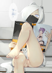 Rule 34 | 1girl, absurdres, animal, animal ears, arknights, artist request, blue eyes, bottomless, cat ears, cat tail, cleft of venus, ermine, feet, foot focus, foreshortening, hair over one eye, hibiscus (arknights), highres, magazine (object), mask, medium hair, mouth mask, nail polish, ninja mask, no panties, pussy, shirayuki (arknights), solo, tail, thighs, toenail polish, toenails, toes, uncensored, weasel, weasel ears, weasel tail, white hair