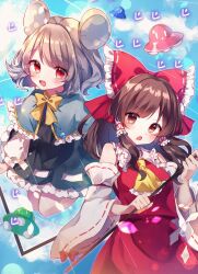 Rule 34 | 2girls, animal ears, ascot, bare shoulders, black dress, blue capelet, blush, brown eyes, brown hair, capelet, day, detached sleeves, dress, frilled dress, frills, grey hair, hair tubes, hakurei reimu, highres, japanese clothes, jewelry, long hair, long sleeves, moshihimechan, mouse ears, multiple girls, nazrin, nontraditional miko, open mouth, pendant, red eyes, red skirt, ribbon-trimmed sleeves, ribbon trim, short hair, sidelocks, skirt, smile, touhou, ufo, white sleeves, wide sleeves, yellow ascot