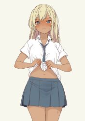 Rule 34 | 1girl, absurdres, blonde hair, blue eyes, blush, closed mouth, clothes lift, collared shirt, daipunch, galzaki-san (daipunch), gyaru, highres, lifted by self, looking at viewer, midriff, navel, necktie, original, pleated skirt, school uniform, shirt, shirt lift, side ponytail, skirt, solo, standing, sweatdrop, tan