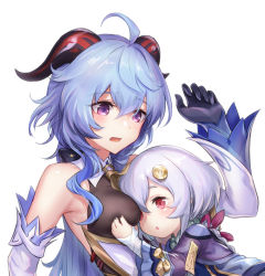 Rule 34 | 2girls, ahoge, arm up, bare shoulders, bell, blue hair, blush, grabbing another&#039;s breast, breasts, commentary request, cowbell, detached sleeves, face to breasts, ganyu (genshin impact), genshin impact, goat horns, grabbing, unworn headwear, horns, jewelry, jiangshi, looking at breasts, multiple girls, partial commentary, purple eyes, qiqi (genshin impact), shinachiku (uno0101), white hair