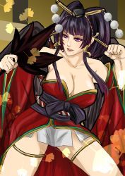 Rule 34 | 1girl, bare shoulders, bird wings, black hair, black wings, breasts, cleavage, clenched hand, collarbone, cowboy shot, dead or alive, dead or alive 5, hand fan, female focus, hair ornament, hair stick, hair tubes, hayame (m ayame), highres, hime cut, japanese clothes, kimono, large breasts, lips, looking to the side, mole, mole under mouth, nyotengu, parted lips, purple eyes, smile, solo, tengu, thigh strap, wings