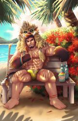 Rule 34 | 1boy, abs, animal hood, anklet, bara, beach, boar boy, boar hood, body fur, brown hair, bulge, bush, dark-skinned male, dark skin, erection, erection under clothes, facial hair, fang, full body, goatee, gullinbursti (housamo), happy, highres, hood, hot, jewelry, large pectorals, laughing, lgbt pride, long sideburns, male focus, male swimwear, mature male, muscular, muscular male, navel, nipples, ocean, official alternate costume, on bench, pectorals, rainbow gradient, sand, sanmarugaru, short hair, sideburns, sitting, solo, spread legs, stomach, swim briefs, thick eyebrows, thick thighs, thighs, tokyo houkago summoners, topless male, tree shade, wet, yellow male swimwear