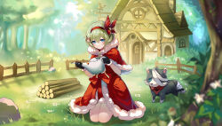 Rule 34 | 1girl, absurdres, blue eyes, capelet, commentary request, dog, dress, forest, gemtrader story, grass, green hair, hairband, highres, holding, holding watering can, house, kneeling, looking at viewer, nature, red capelet, red dress, red hairband, sheya, short hair, watering can