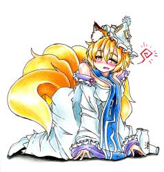 Rule 34 | 1girl, all fours, animal ears, between breasts, blonde hair, bottle, breasts, clothes between breasts, dress, drunk, female focus, fox ears, fox tail, goku (acoloredpencil), gokuu (acoloredpencil), hat, hiccup, highres, long sleeves, multiple tails, open mouth, sake bottle, shadow, shirt slip, short hair, simple background, solo, squeans, tabard, tail, touhou, traditional media, white background, wide sleeves, yakumo ran, yellow eyes