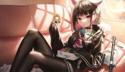 Rule 34 | 1girl, animal ears, black choker, black hair, black jacket, blue archive, blue jacket, blunt bangs, bob cut, bren lmg, brown pantyhose, cat ears, cat girl, choker, colored inner hair, commentary request, couch, doughnut, drink, drinking straw, drinking straw in mouth, flippy (cripine111), food, hair ornament, hairclip, halo, highres, holding, holding food, hood, hooded jacket, indoors, jacket, jewelry, juice box, kazusa (blue archive), light machine gun, long sleeves, looking at viewer, lying, multicolored hair, on back, pantyhose, pendant choker, pink hair, pleated skirt, red eyes, school uniform, serafuku, short hair, sidelocks, sitting, skirt, solo, sunlight, two-tone hair, white skirt, window