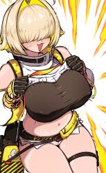 Rule 34 | 1girl, :3, bag, bare shoulders, belt, black gloves, blonde hair, blush, breasts, commentary, detached sleeves, elegg (nikke), english commentary, fang, gloves, goddess of victory: nikke, hair flaps, hair intakes, hair over eyes, huge breasts, kingbawoon, micro shorts, open mouth, short hair, shorts, simple background, solo, stomach, sweat, thigh strap, white shorts